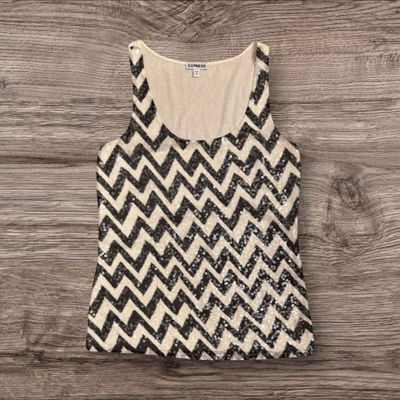 Express Charcoal and Cream Chic Chevron Sequined Dressy Tank Top Size Small - Picture 1 of 1